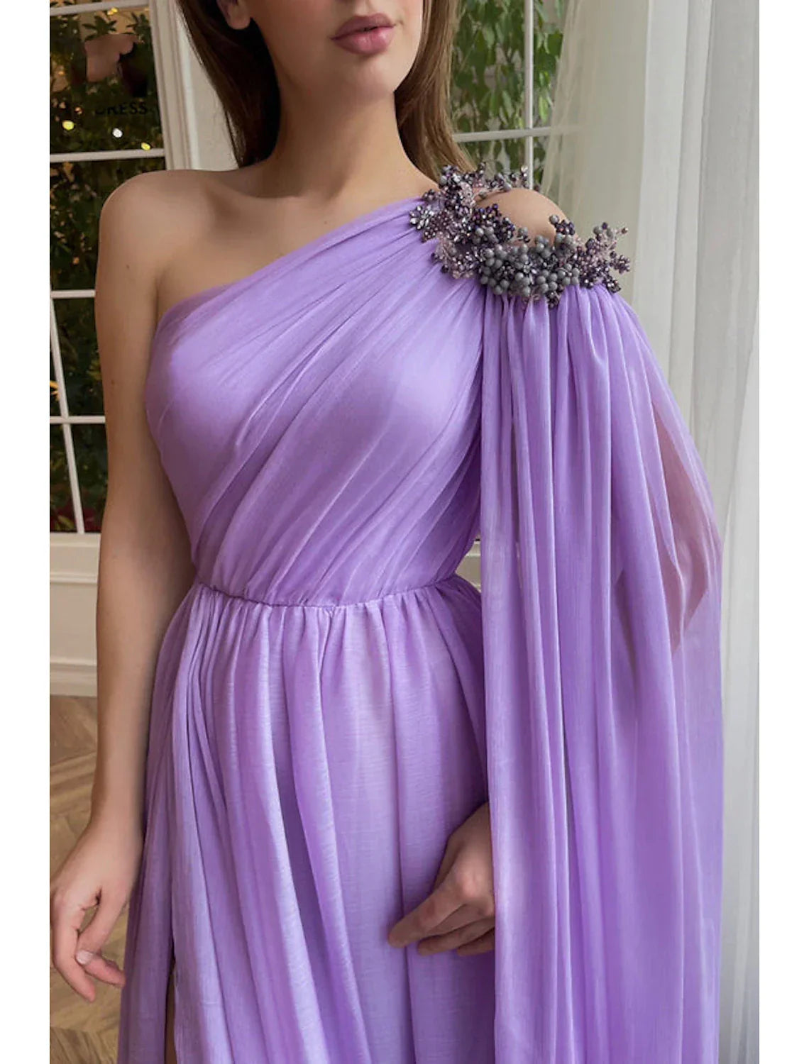 Evening Gown Elegant Dress Formal Wedding Guest Sweep / Brush Train Sleeveless One Shoulder Capes with Slit Shawl