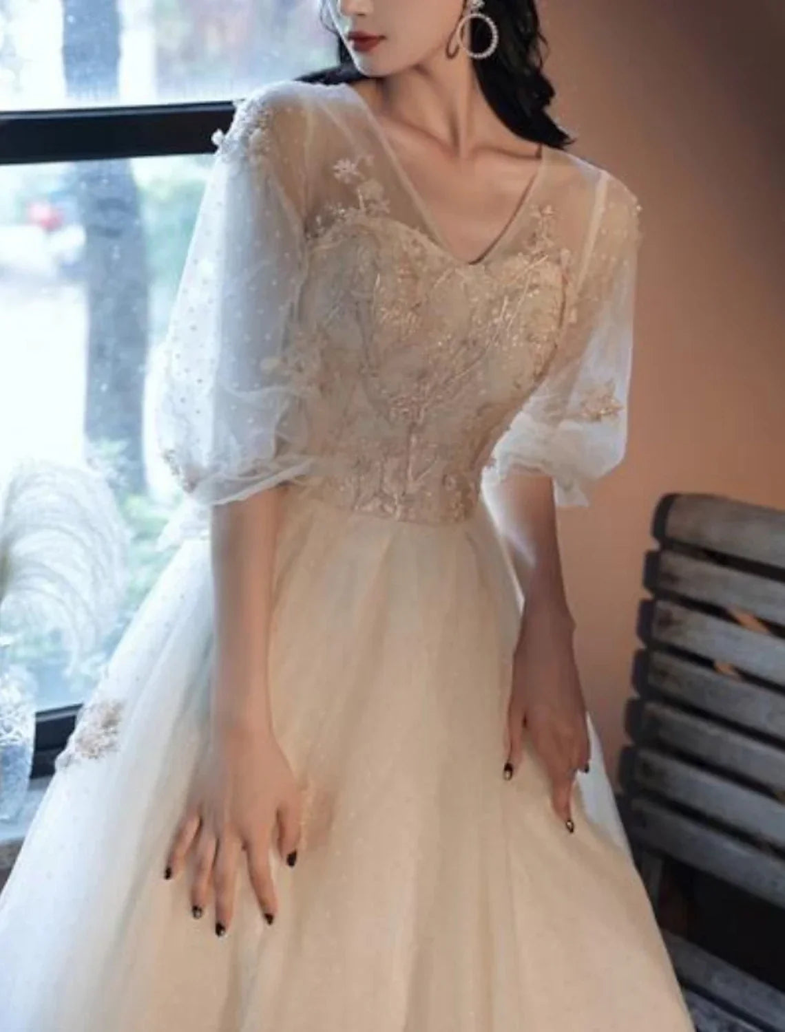 Ball Gown Vintage Floral Quinceanera Prom Dress V Neck Half Sleeve Floor Length with Pleats Embroidery