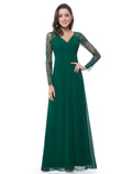 Evening Gown Elegant Dress Wedding Guest Floor Length Long Sleeve V Neck Ribbon Ruched