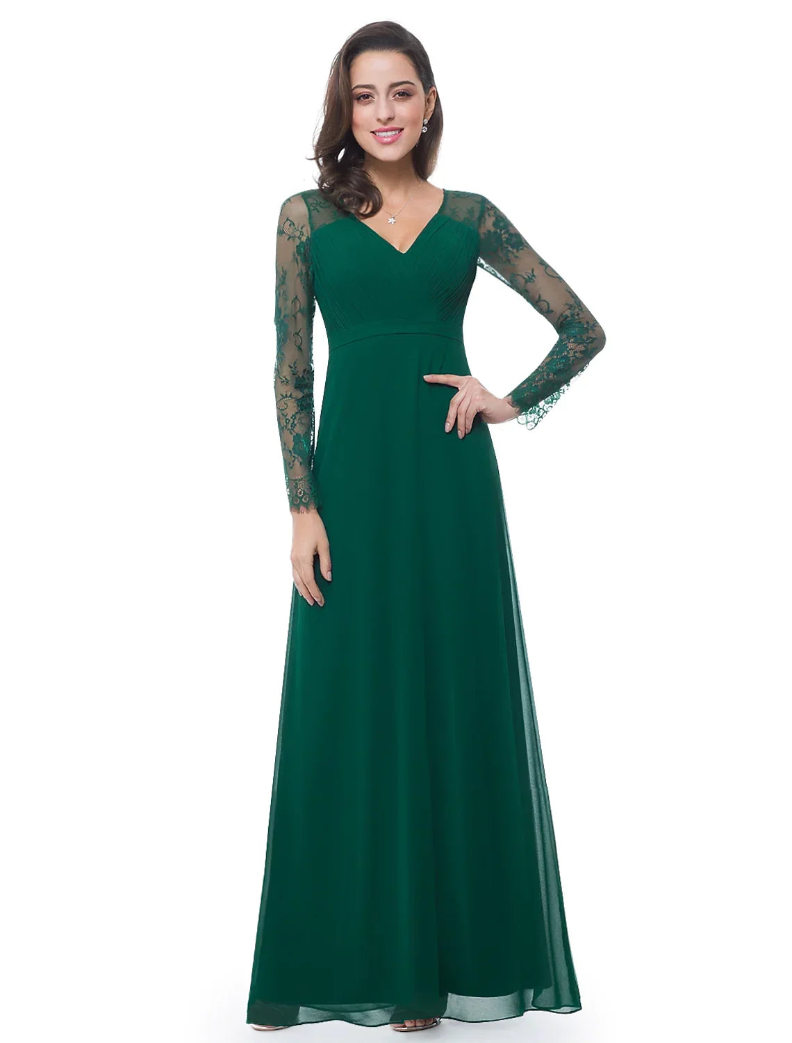 Evening Gown Elegant Dress Wedding Guest Floor Length Long Sleeve V Neck Ribbon Ruched