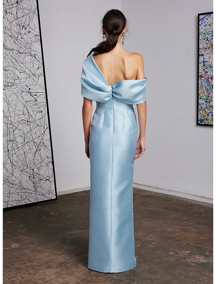 Light Blue Asymmetric Off-the-Shoulder High-Slit Mermaid Evening Dress
