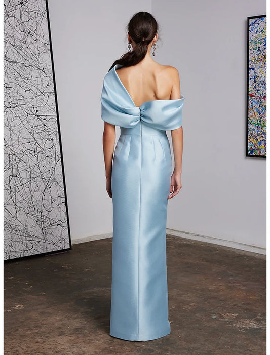 Elegant Light-Blue Mermaid Off-the-Shoulder Classic-Sleeve Open-Back Floor-Length Wedding Dress