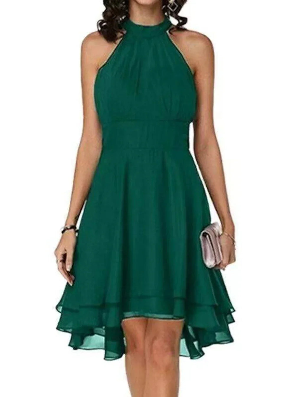 High Waisted Cocktail Party Dress Halter Neck V Back Engagement Semi-formal Dance Sleeveless Knee Length with Sleek Tier