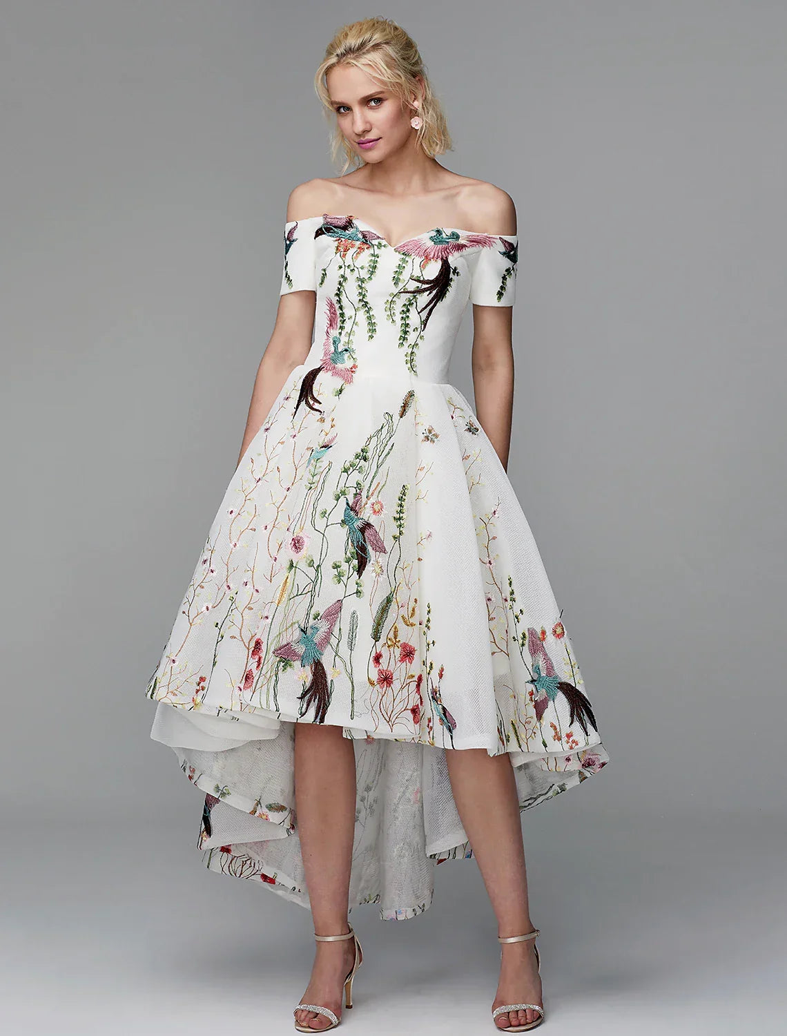 Wedding Asymmetrical Short Sleeve Off Shoulder with Embroidery