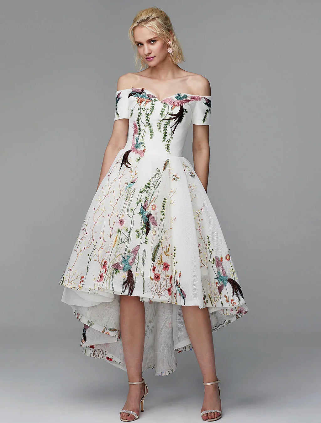 Ball Gown Cute Dress Wedding Guest Asymmetrical Short Sleeve Off Shoulder with Embroidery