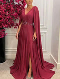 Mother of the Bride Dress Formal Wedding Guest Elegant V Neck Sweep / Brush Train Sleeveless with Pleats Split Front Crystal Brooch