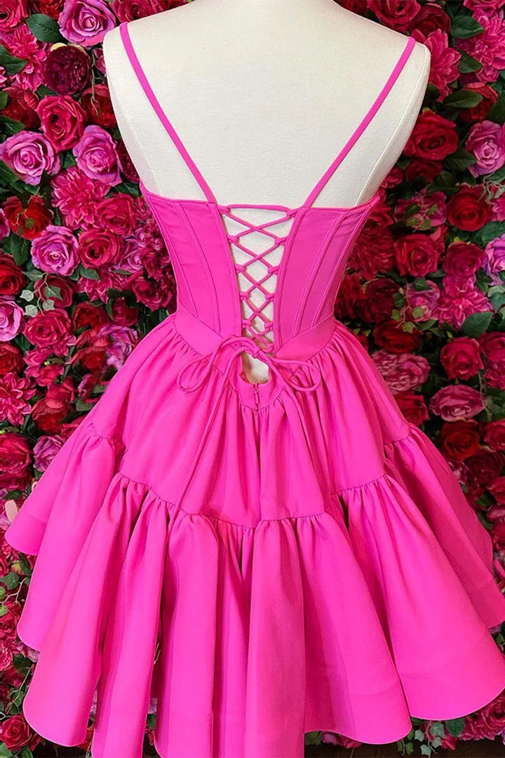 Bright A-line Mini Spaghetti Strap Lace Up Homecoming Dress