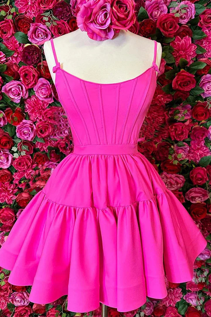 Bright A-line Mini Spaghetti Strap Lace Up Homecoming Dress