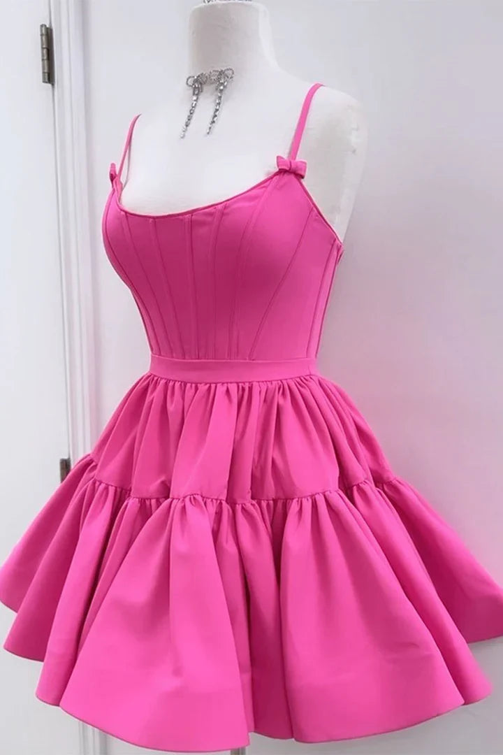 Bright A-line Mini Spaghetti Strap Lace Up Homecoming Dress