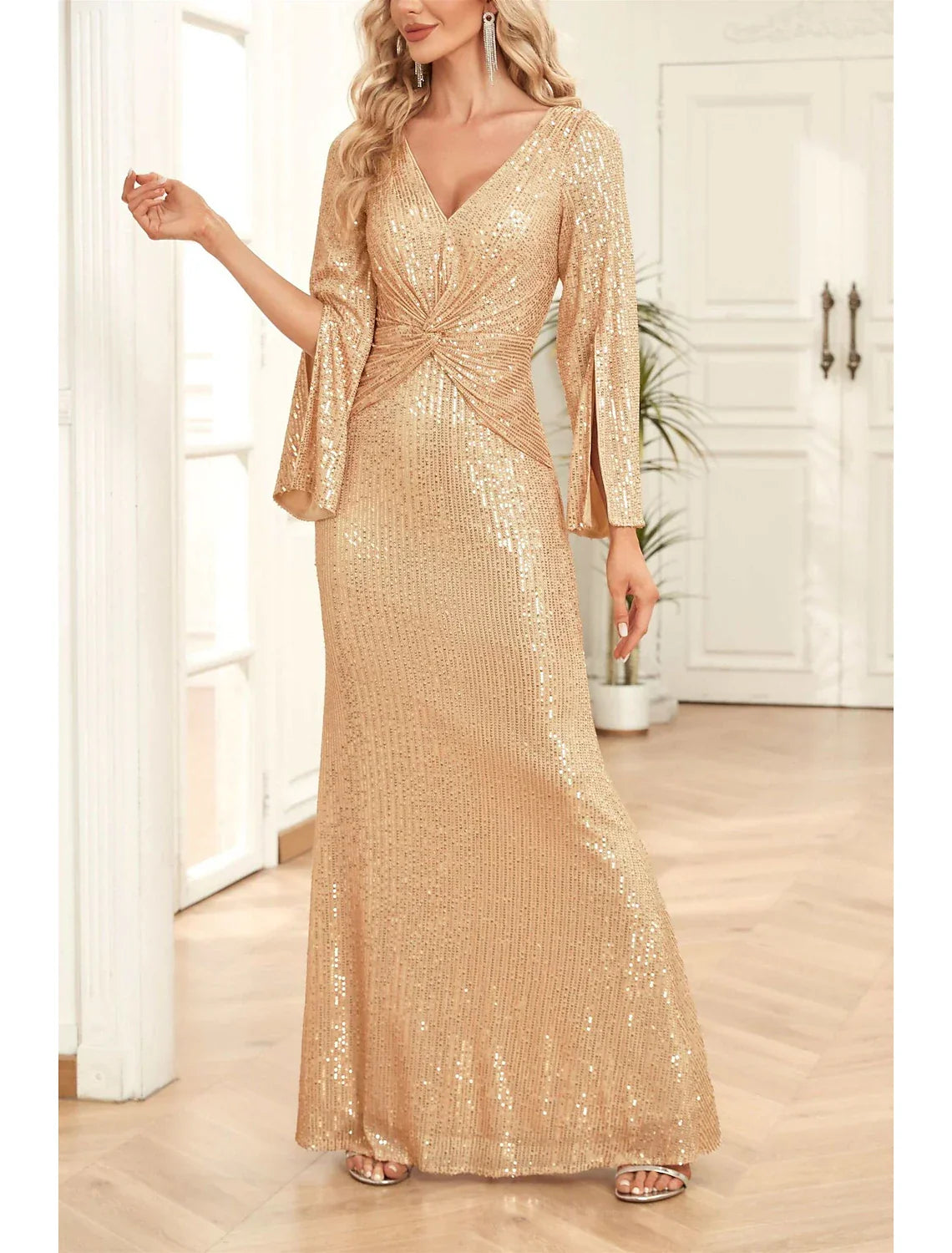 Mermaid / Trumpet Mother of the Bride Dress Wedding Guest Party Sparkle & Shine Scoop Neck V Neck Floor Length 3/4 Length Sleeve with Ruching Solid Color