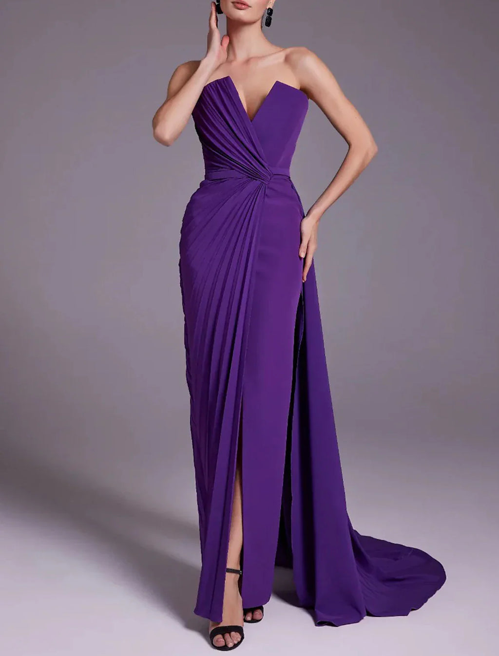 Sheath / Column Evening Gown Elegant Dress Formal Wedding Tea Length Sleeveless V Neck with Ruched Slit