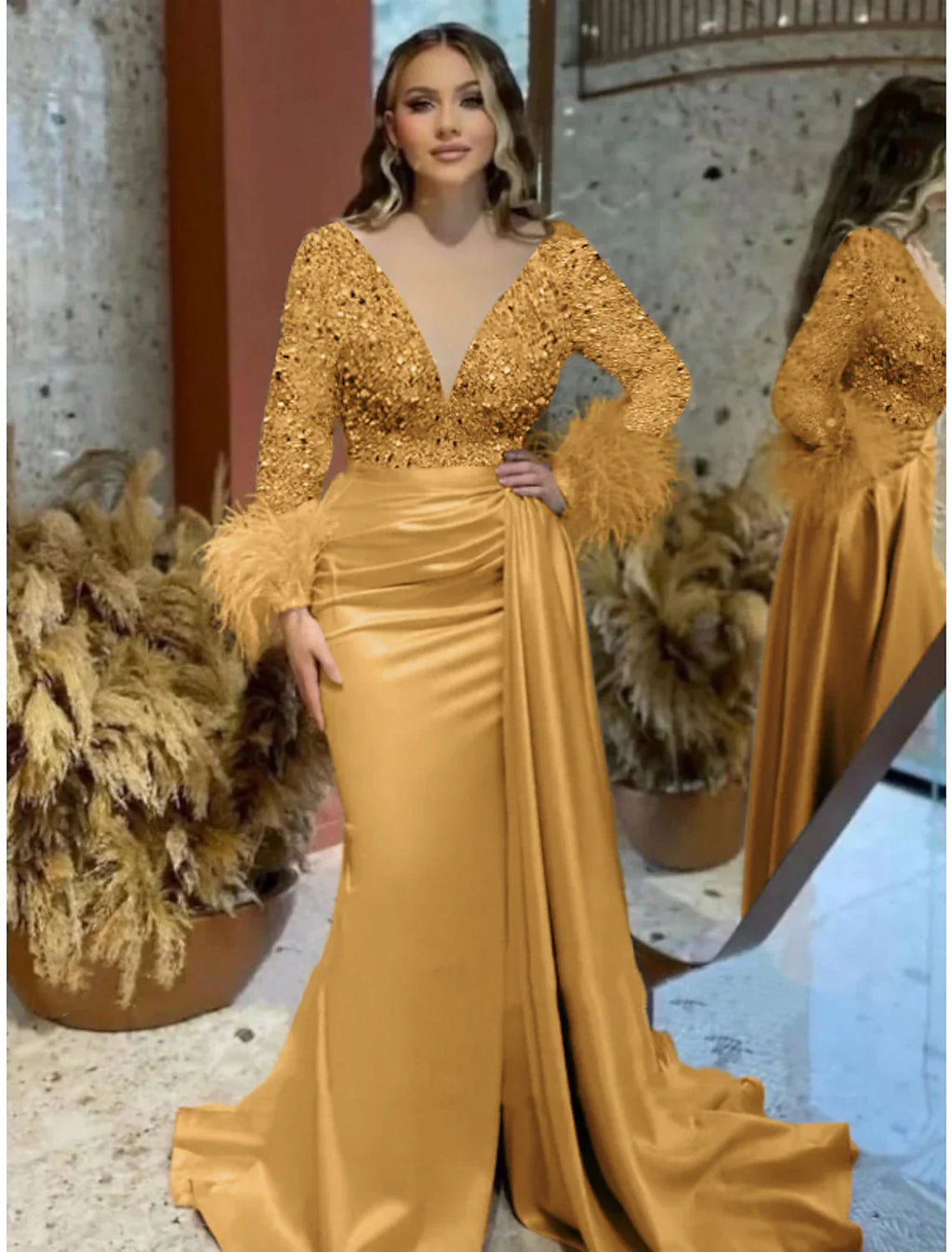 Mermaid / Trumpet Evening Gown Elegant Dress Formal Wedding Court Train Long Sleeve V Neck with Feather Glitter Ruched