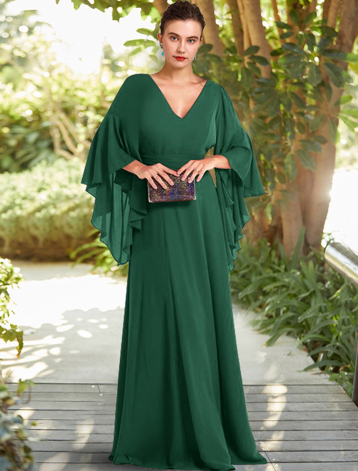 Mother of the Bride Dress Formal Wedding Guest Elegant V Neck Floor Length 3/4 Length Sleeve with Ruched