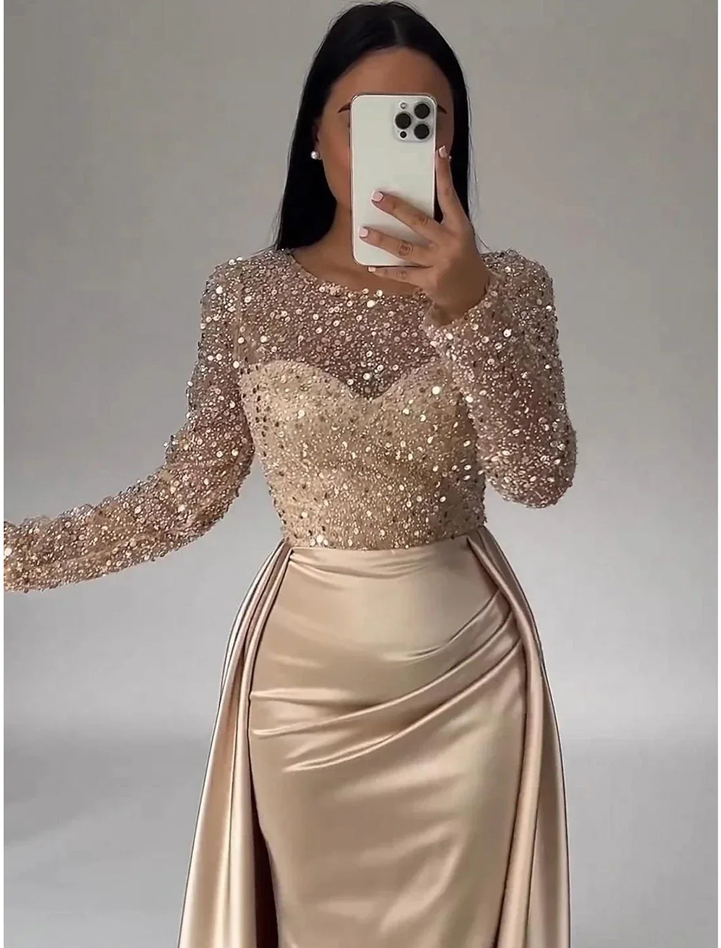 Mermaid Evening Gown Ruched Dress Long Sleeves Floor Length Sparkle Illusion Neck Fall Wedding Guest Dress with Pearls Overskirt