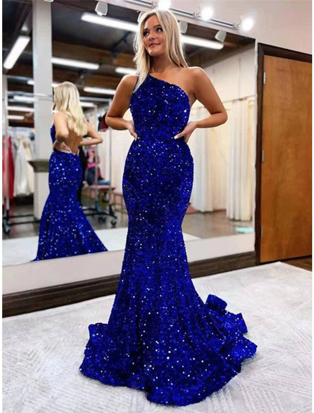 Mermaid / Trumpet Prom Dresses Sparkle & Shine Dress Formal Wedding Guest Floor Length Sleeveless One Shoulder Backless