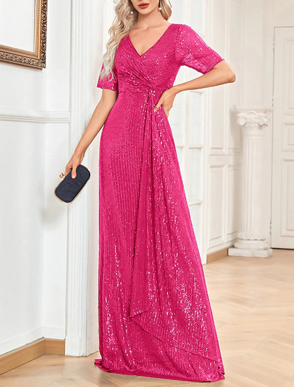 Party Dresses Sparkle & Shine Dress Formal Wedding Guest Floor Length Short Sleeve V Neck