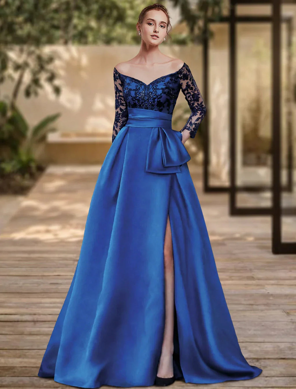 Sheath / Column Evening Gown High Split Dress Formal Wedding Guest Sweep / Brush Train 3/4 Length Sleeve Off Shoulder Charmeuse with Bow(s) Slit