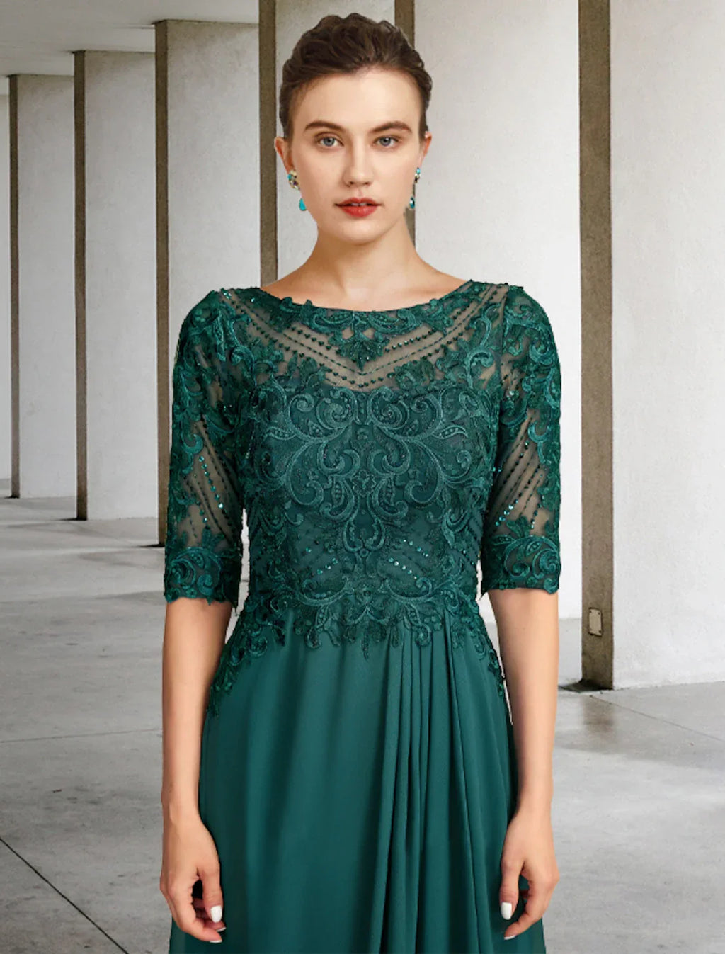 Mother of the Bride Dress Luxurious Elegant Jewel Neck Floor Length Half Sleeve with Pleats Beading Appliques