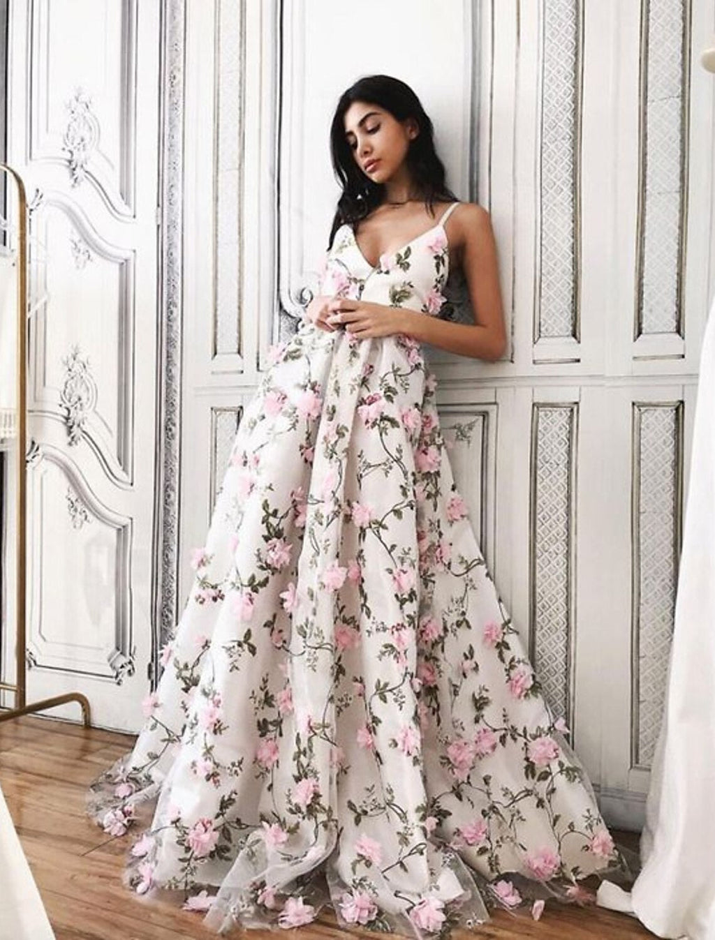 Floral Dress Formal Floor Length Sleeveless V Neck with Floral Print