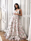 Floral Dress Formal Floor Length Sleeveless V Neck with Floral Print