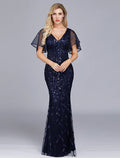Evening Gown Dress Party Wear Floor Length Short Sleeve with Ruffles Embroidery