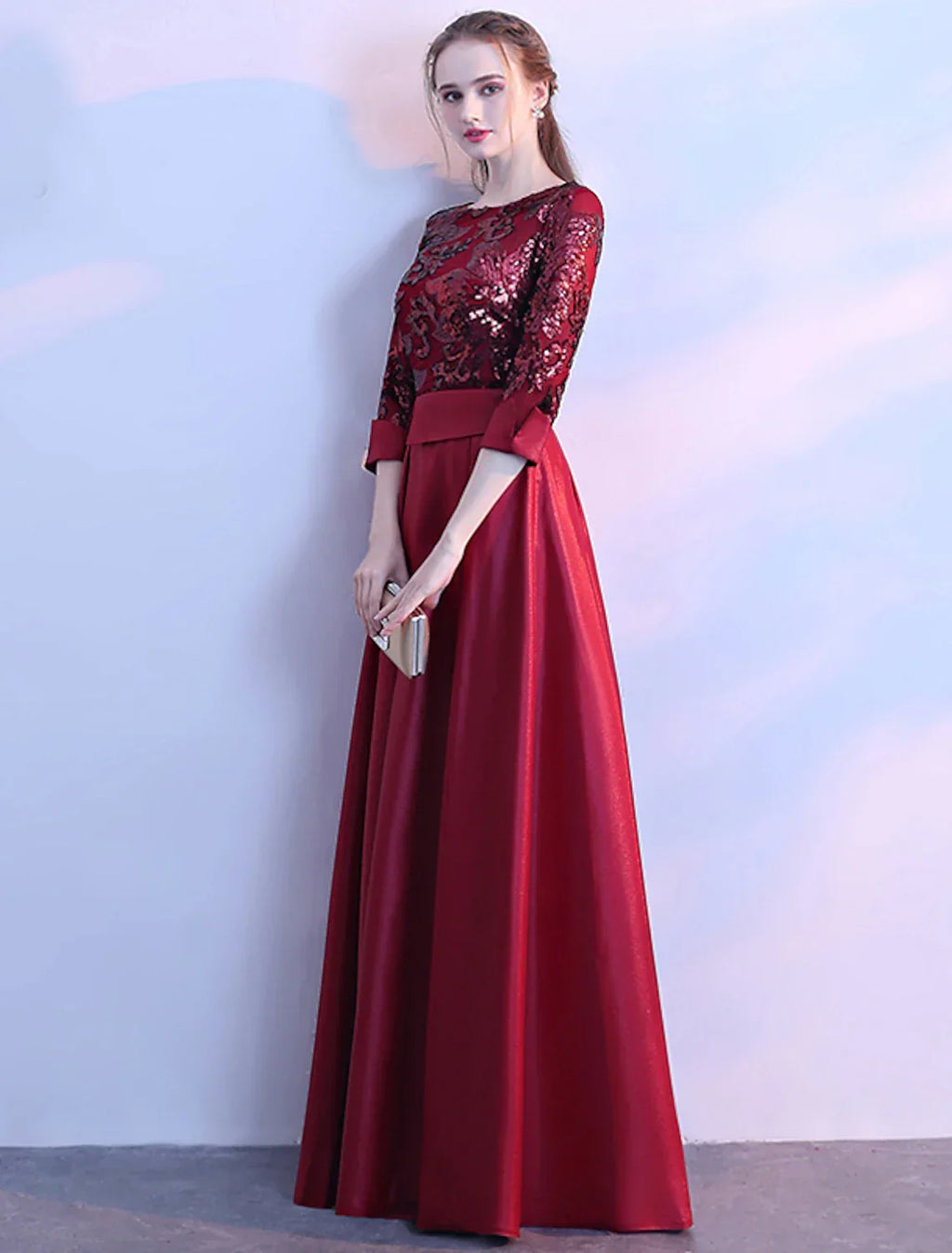 Glittering Elegant Prom Formal Evening Dress Jewel Neck 3/4 Length Sleeve Floor Length