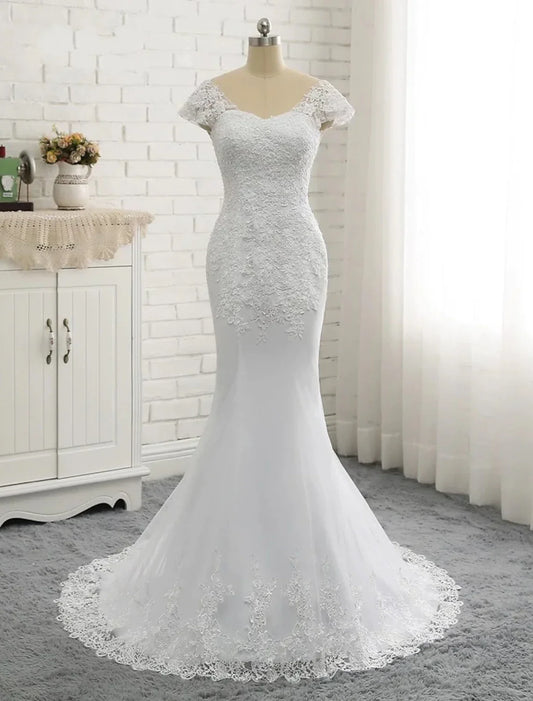 Elegant Red A-Line V-Neck Classic-Sleeve Open-Back Floor-Length Wedding Dress
