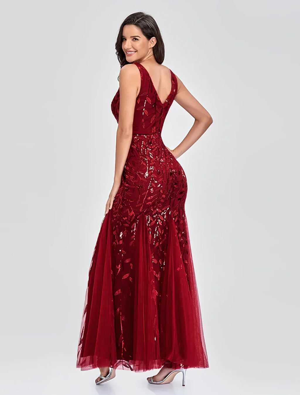 Party Wear Formal Evening Dress V Neck V Back Sleeveless Floor Length with Embroidery