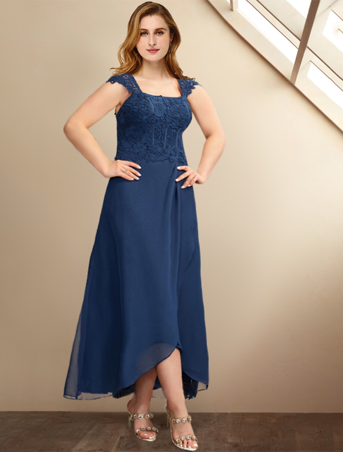 Two Piece A-Line Mother of the Bride Dresses Plus Size Hide Belly Curve Elegant Dress Formal Asymmetrical Half Sleeve Square Neck with Pleats Appliques