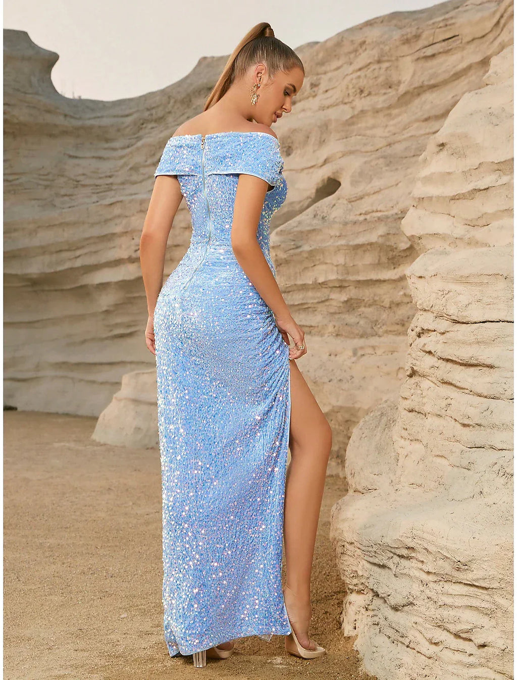 Blue Baby Sheath / Column Party Dresses Sparkle & Shine Dress Party Wear Floor Length Short Sleeve Off Shoulder with Glitter Ruched