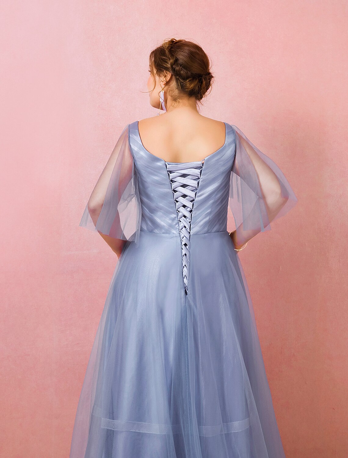 Chinese Style Dress Prom Floor Length Half Sleeve V Neck with Ruched Embroidery
