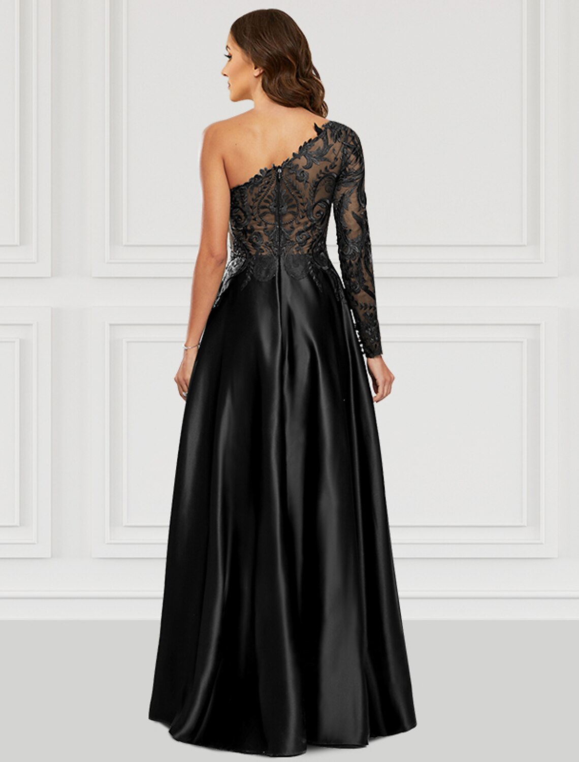 Black Dress Party Wear Floor Length Long Sleeve One Shoulder with Slit
