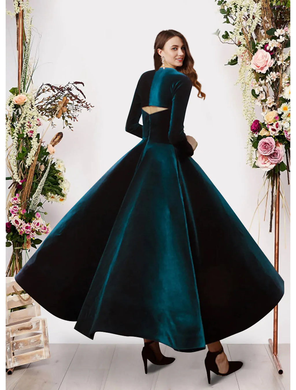 Ball Gown Evening Gown Vintage Dress Prom Ankle Length Long Sleeve Square Neck