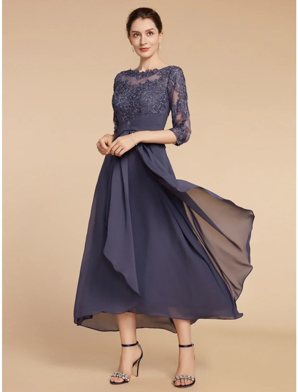 Mother of the Bride Dress Wedding Guest Elegant Scoop Neck Ankle Length 3/4 Length Sleeve with Ruching