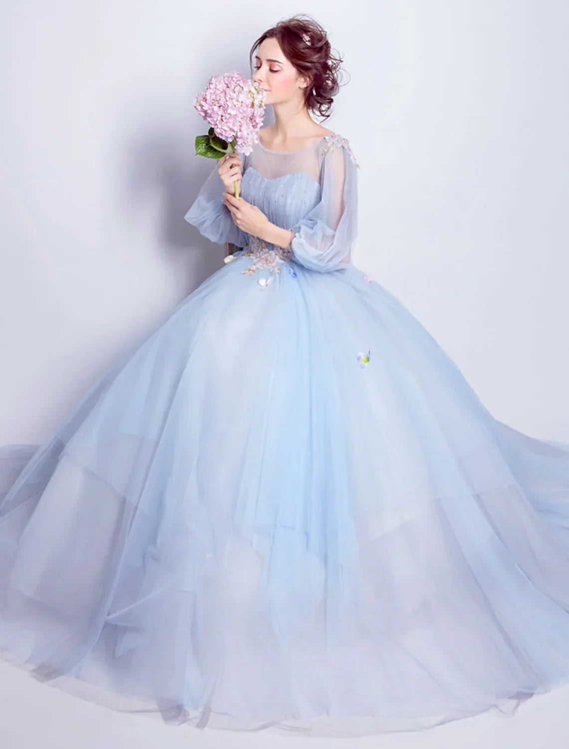 Puffy Quinceanera Engagement Dress Length Sleeve Floor Length leats