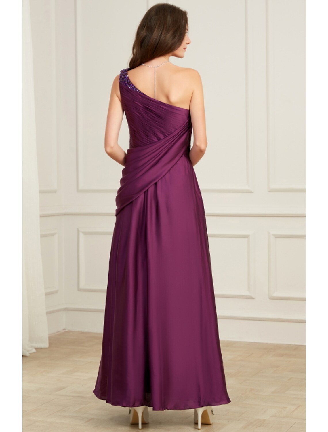 Evening Gown Elegant Dress Wedding Floor Length Sleeveless One Shoulder with Pleats Ruched