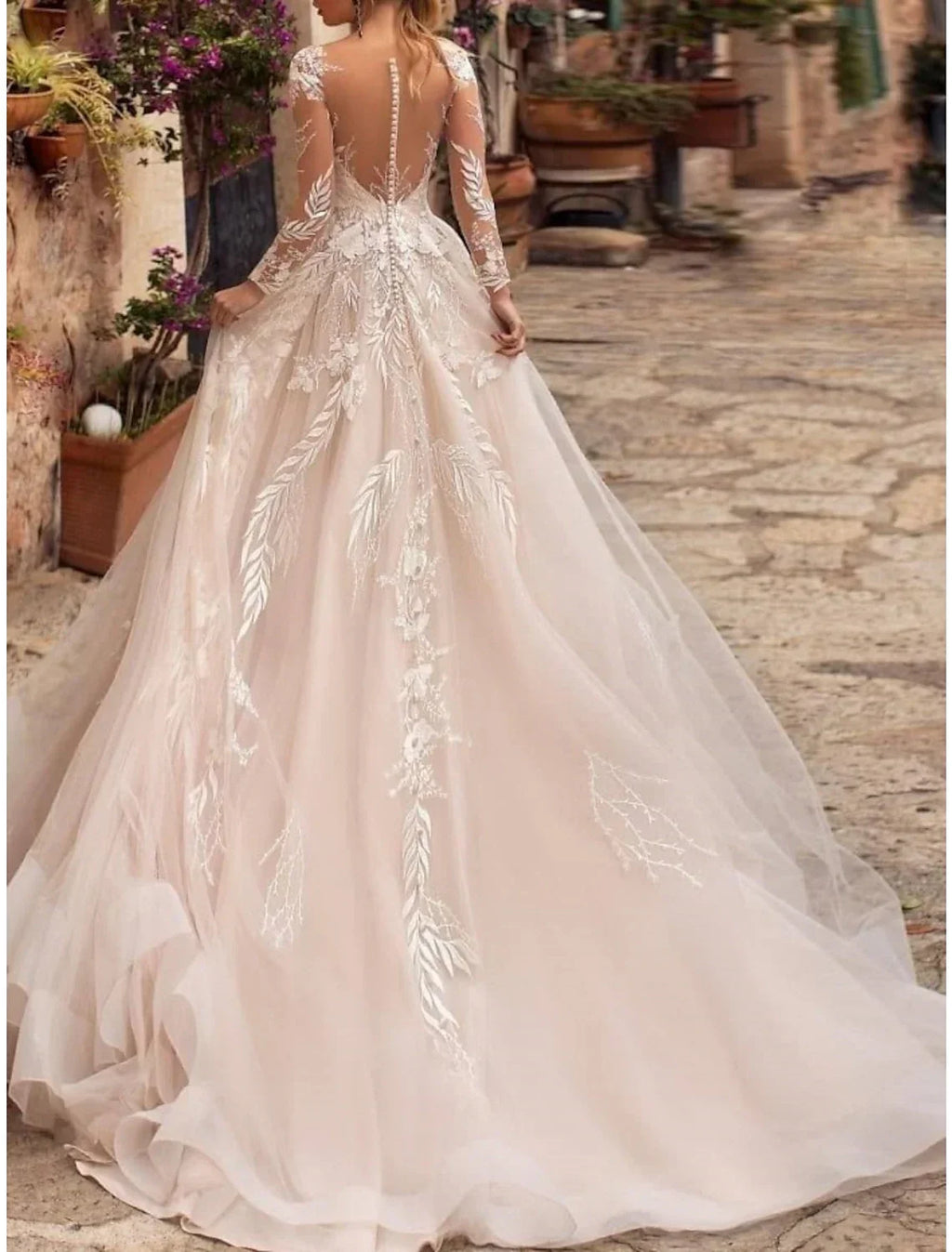 Formal Wedding Dresses A-Line V Neck Long Sleeve Court Train Bridal Gowns With Pleats Appliques