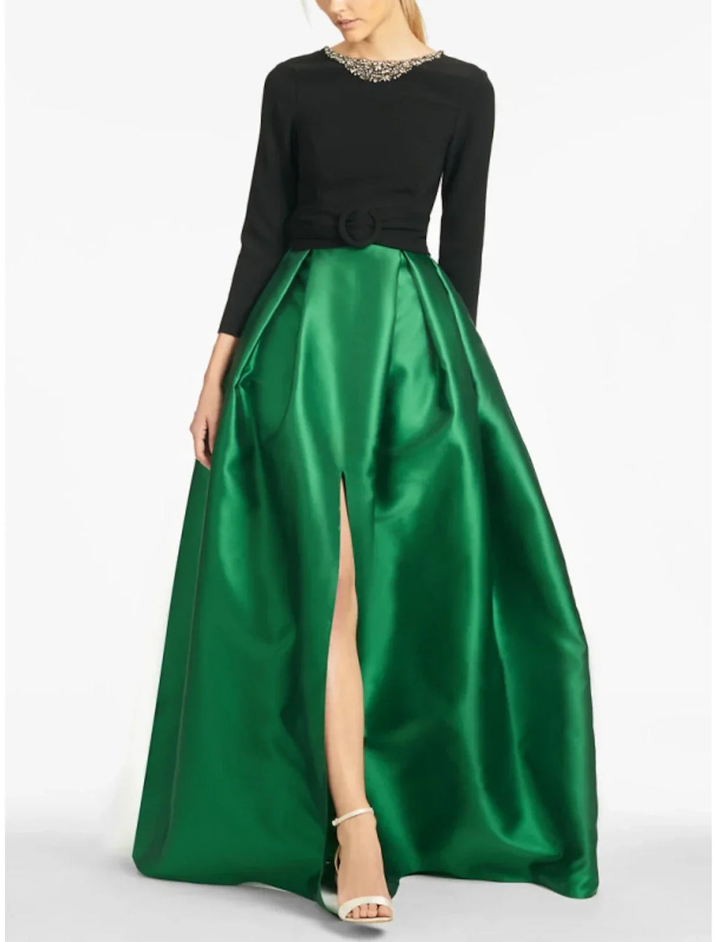 Evening Gown High Split wedding guest Dress Formal Fall Floor Length Long Sleeve color contrast Jewel Neck with Crystals