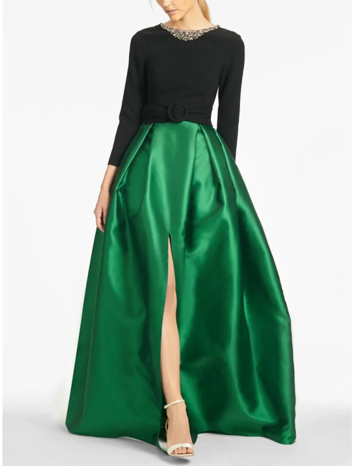 Evening Gown High Split wedding guest Dress Formal Fall Floor Length Long Sleeve color contrast Jewel Neck with Crystals