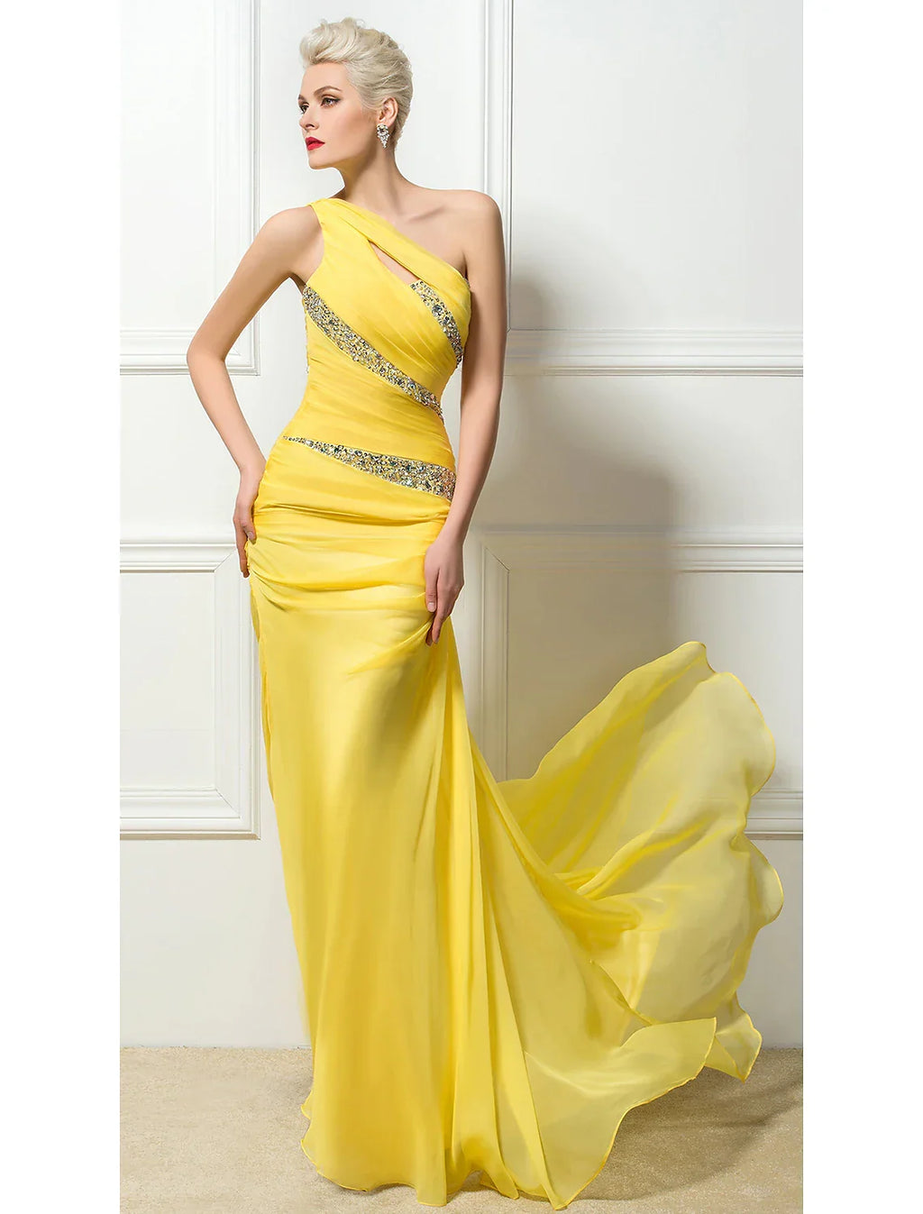Sexy Engagement Formal Evening Dress One Shoulder Backless Sleeveless Crystals