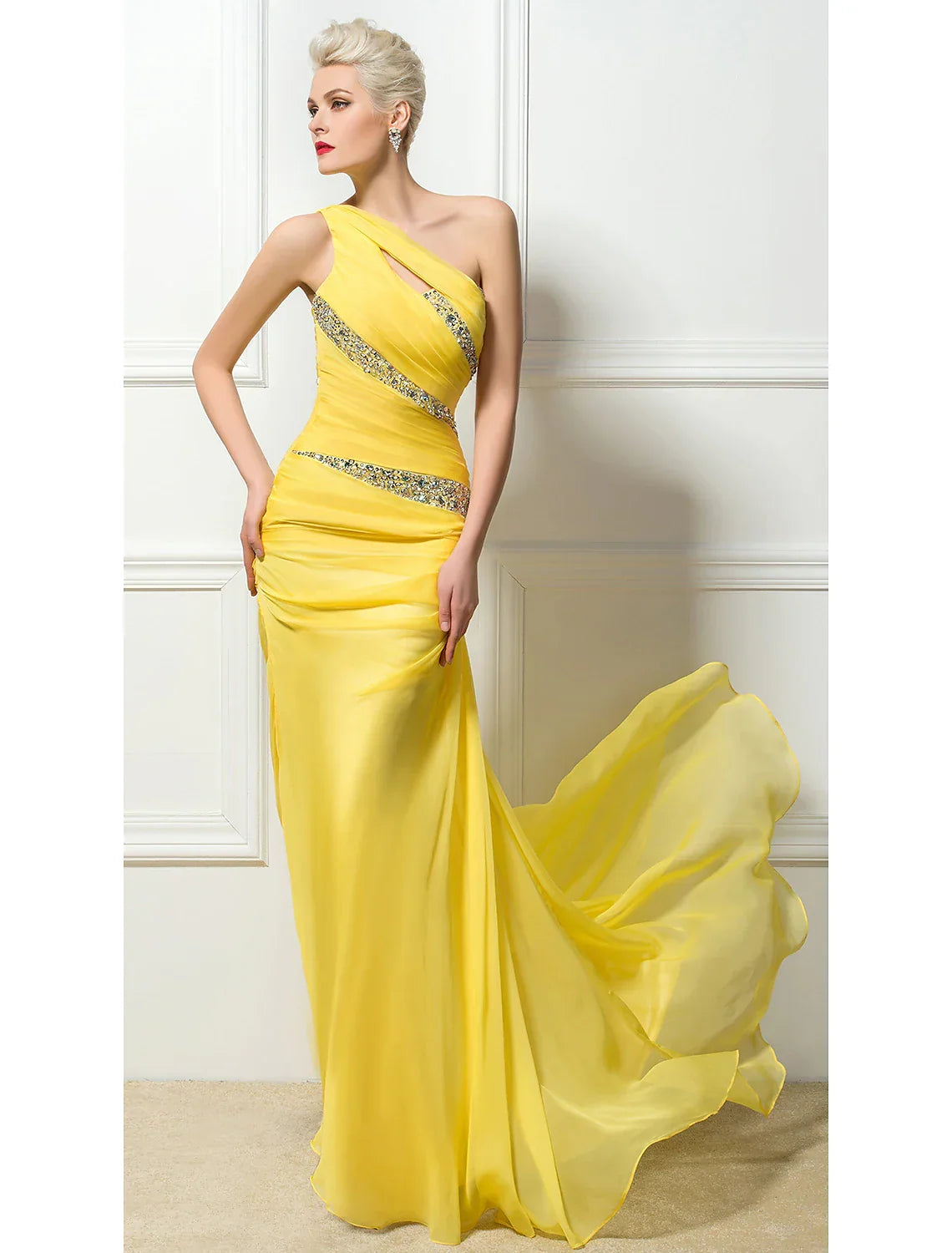 Sexy Engagement Formal Evening Dress One Shoulder Backless Sleeveless Crystals