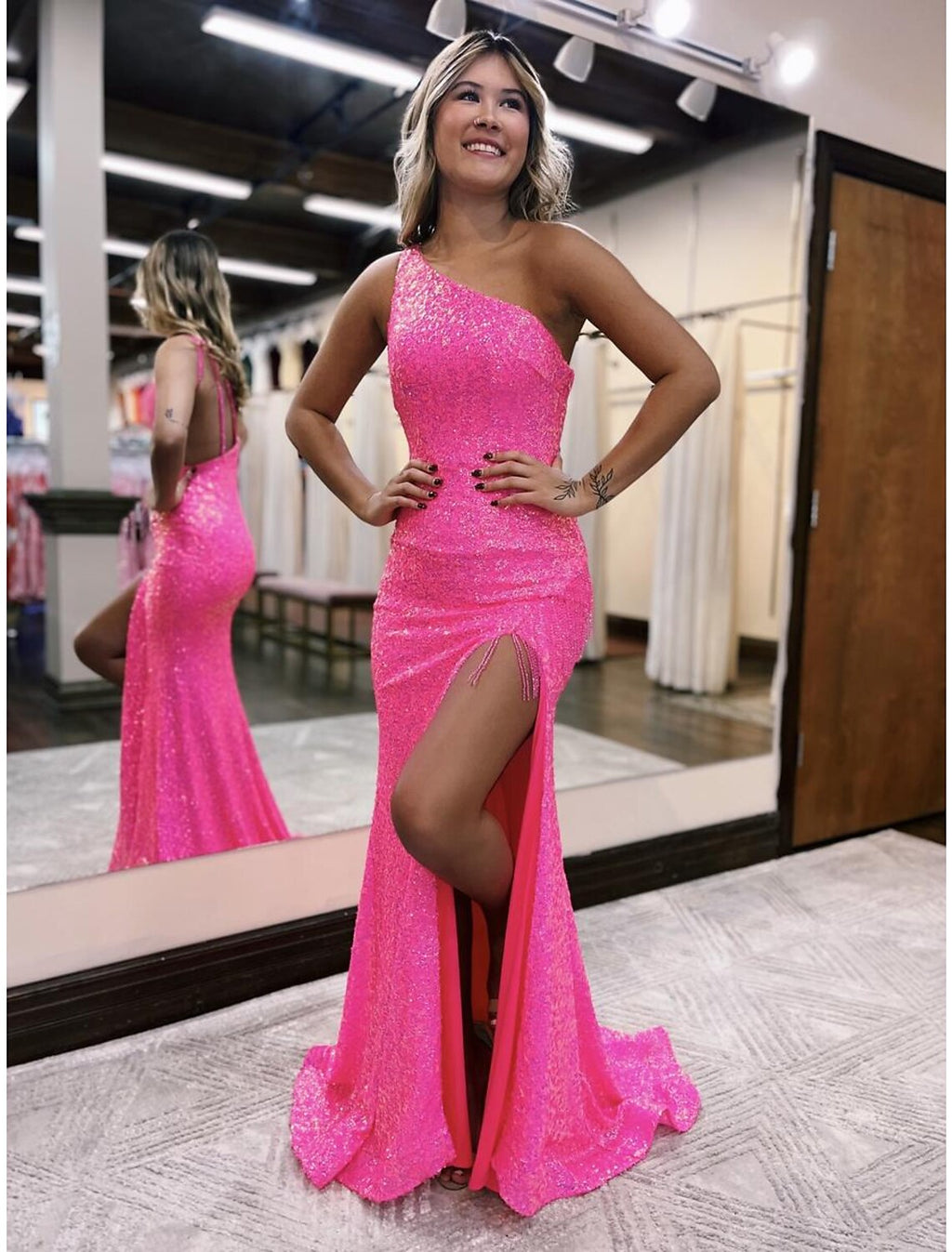 Mermaid / Trumpet Prom Dresses Sparkle & Shine Dress Formal Sweep / Brush Train Sleeveless One Shoulder Backless with Slit