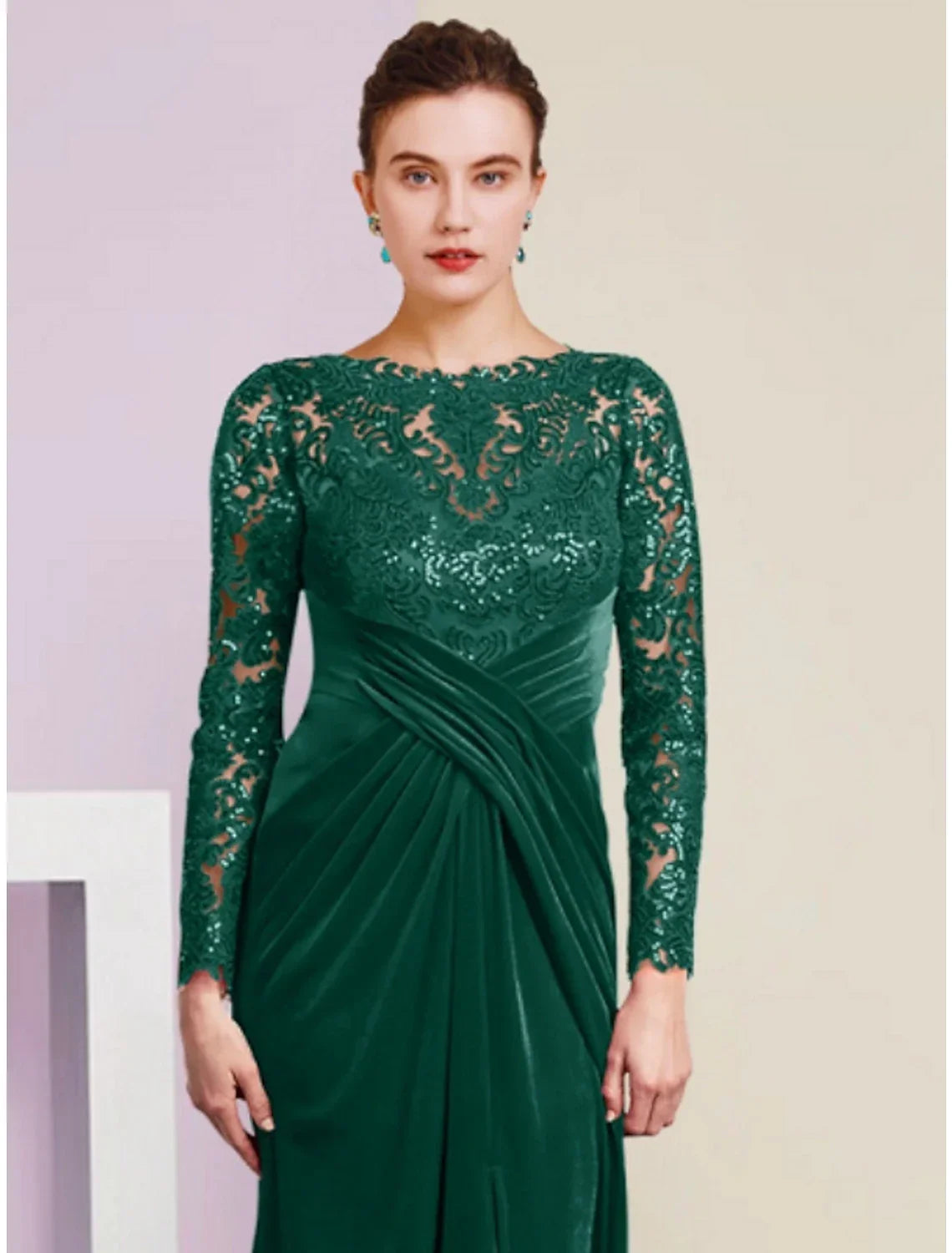 Mother of the Bride Dress Wedding Guest Party Elegant Scoop Neck Floor Length Long Sleeve with Split Front