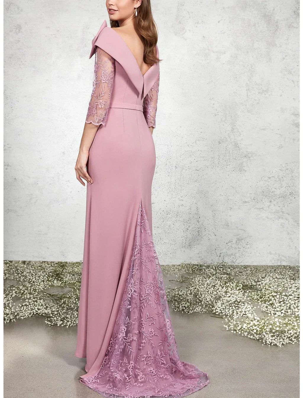 Mother of the Bride Dress Formal Wedding Guest Elegant Bateau Neck Sweep / Brush Train 3/4 Length Sleeve with Bow(s) Appliques