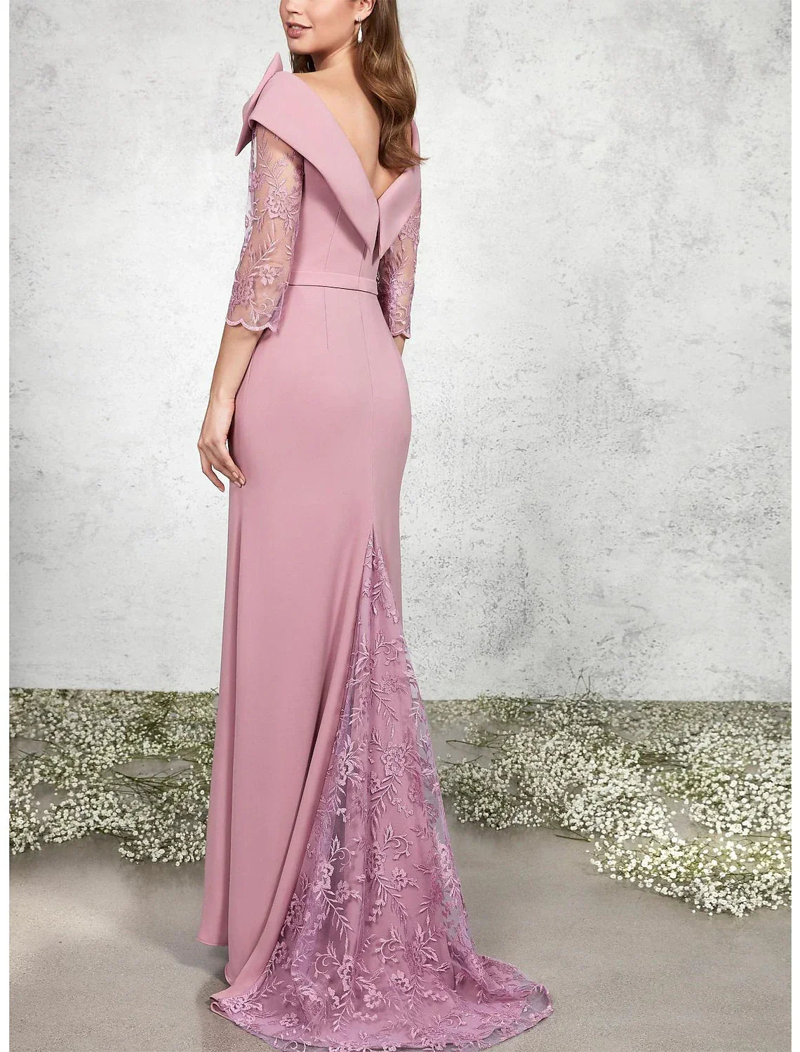 Mother of the Bride Dress Formal Wedding Guest Elegant Bateau Neck Sweep / Brush Train 3/4 Length Sleeve with Bow(s) Appliques