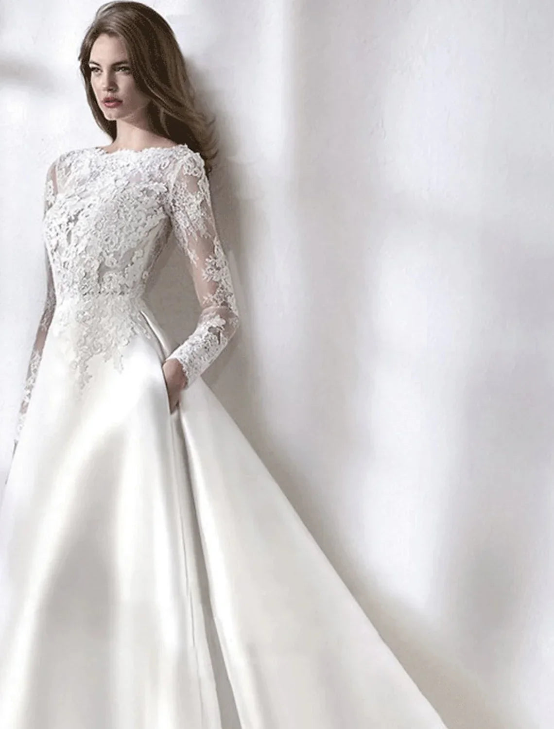 Beach Formal Wedding Dresses Chapel Train A-Line Long Sleeve With Pleats