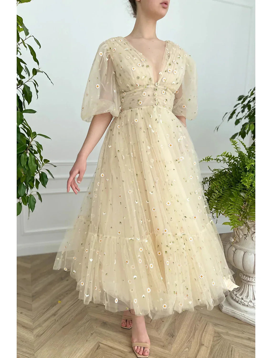 Floral Dress Formal Wedding Guest Ankle Length Half Sleeve V Neck V Back with Pleats Ruched
