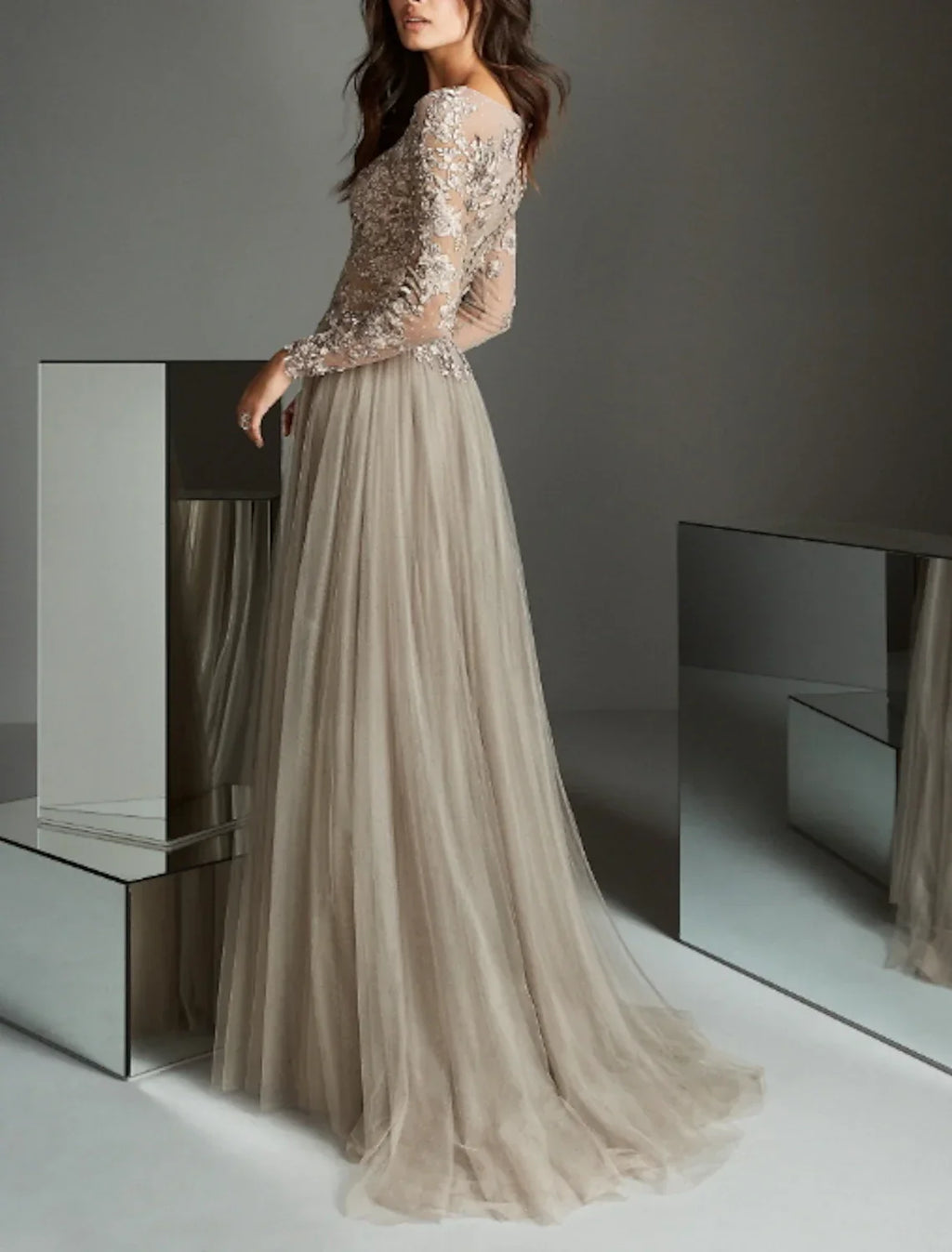 Evening Gown Elegant Dress Wedding Guest Formal Evening Sweep / Brush Train Long Sleeve Illusion Neck with Pleats Appliques