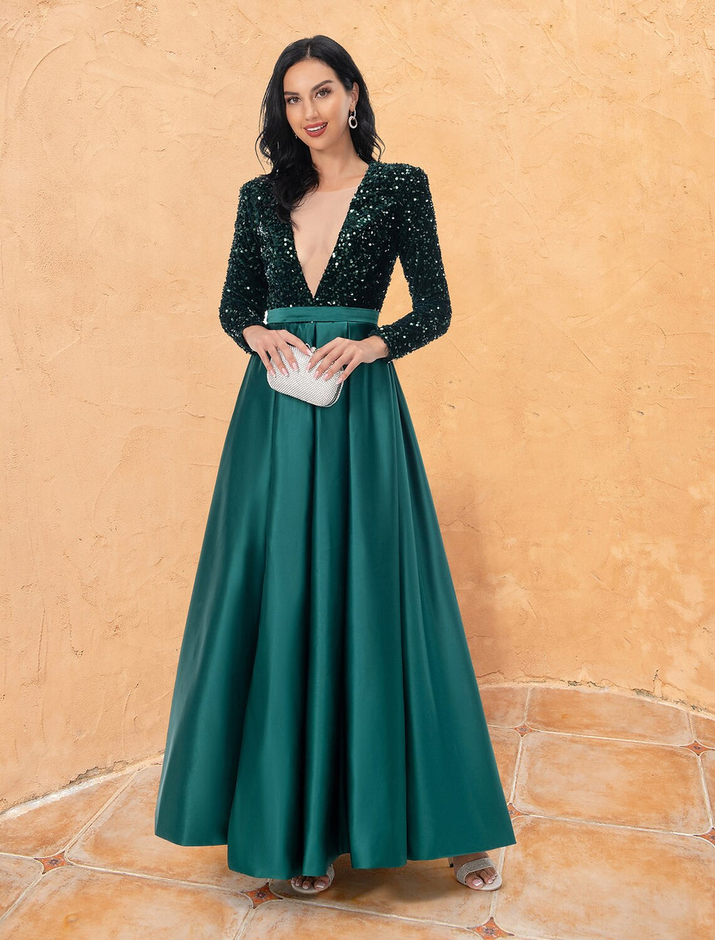Ball Gown Cocktail Dresses Sparkle & Shine Dress Wedding Party Floor Length Long Sleeve V Neck