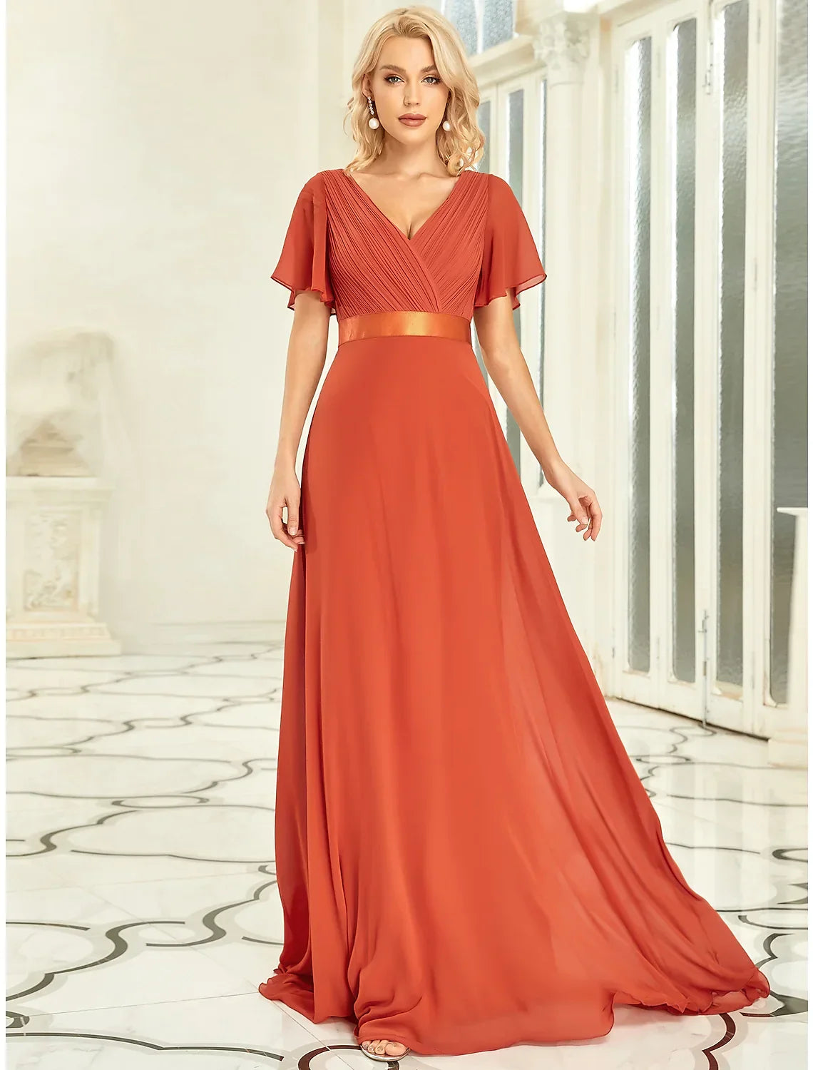 Plus Size Prom Formal Evening Dress V Neck V Back Short Sleeve Floor Length with Pleats Ruched